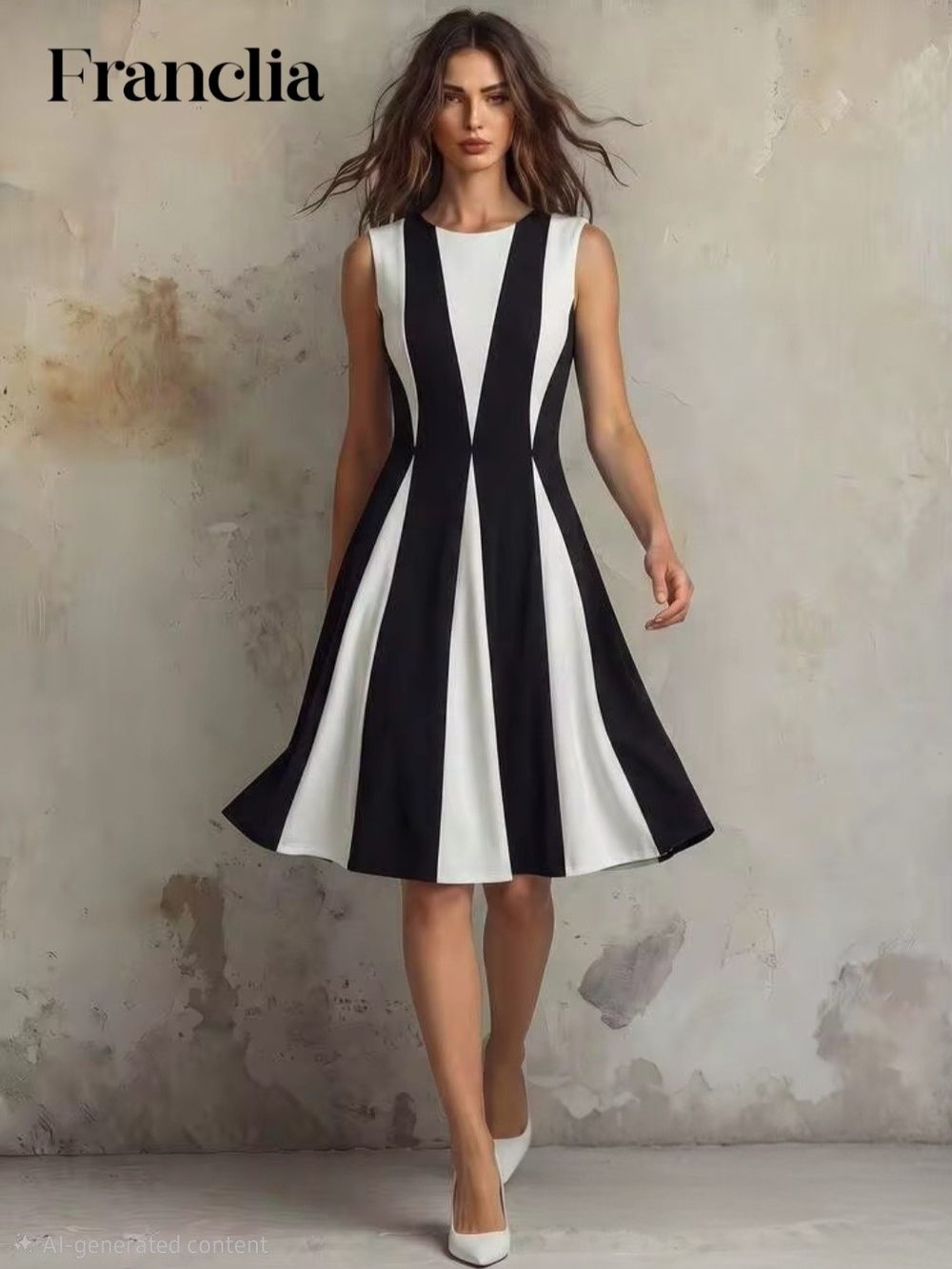 SHEIN Black and White Panel Fit-and-Flare Dress